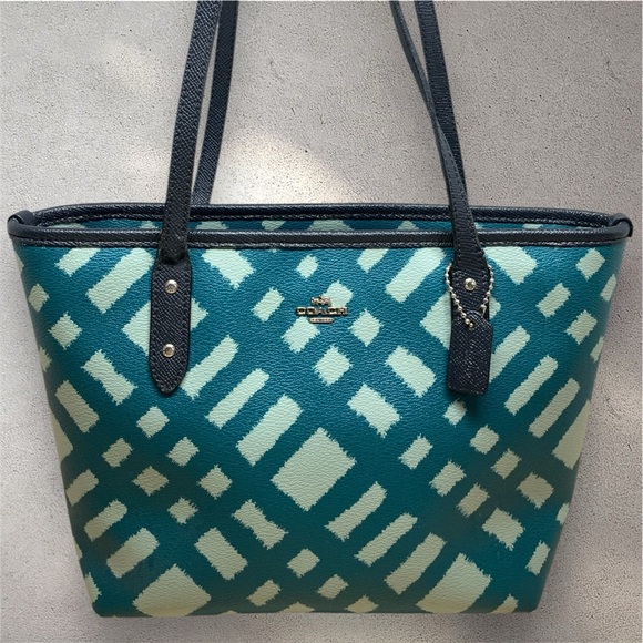 Coach Wild Plaid City Zip Tote Blue Multi! - Picture 1 of 7